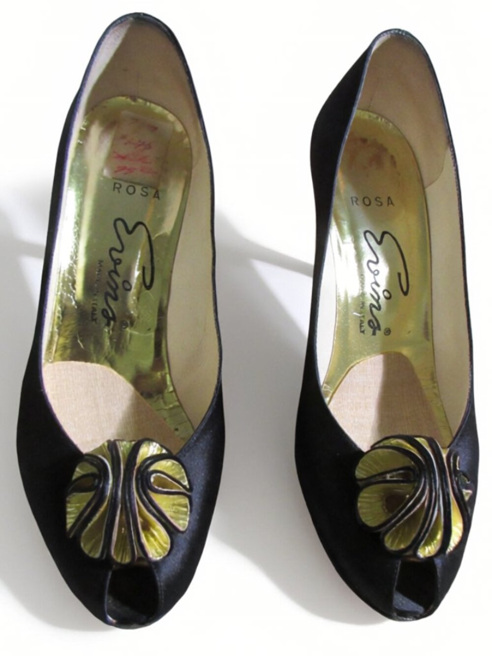 Vintage David Evins Italian Black Satin Pumps Peep Toe Gold Rosette - Size 7B